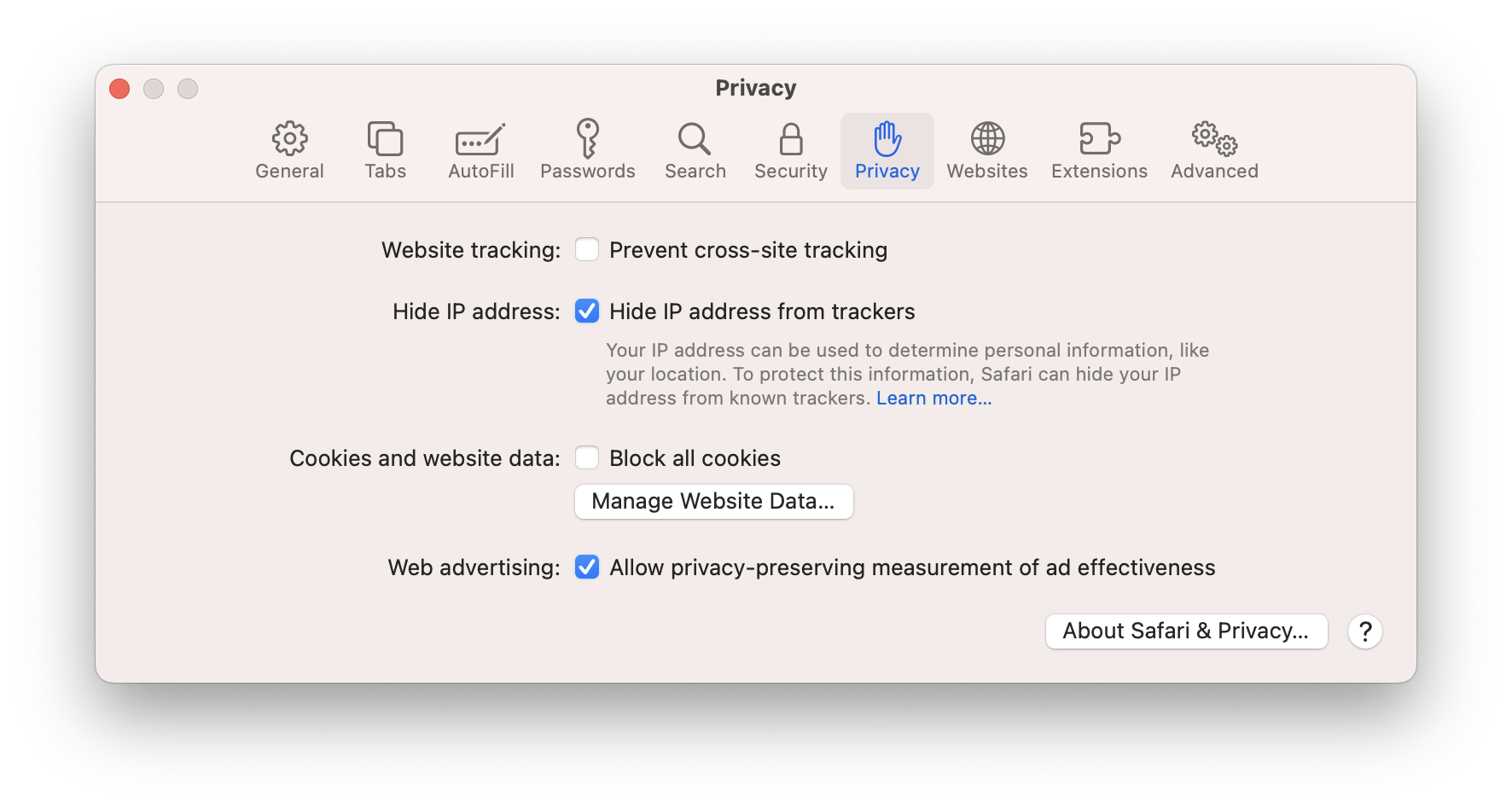 Screen shot of Safari settings